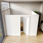 Mounted L-shaped modular temporary partition wall kit creating a private room in the corner of a livingroom