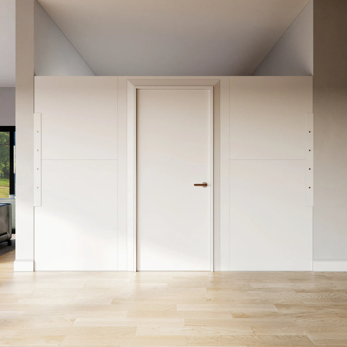 A Modular partition wall with a swing door closing off a space