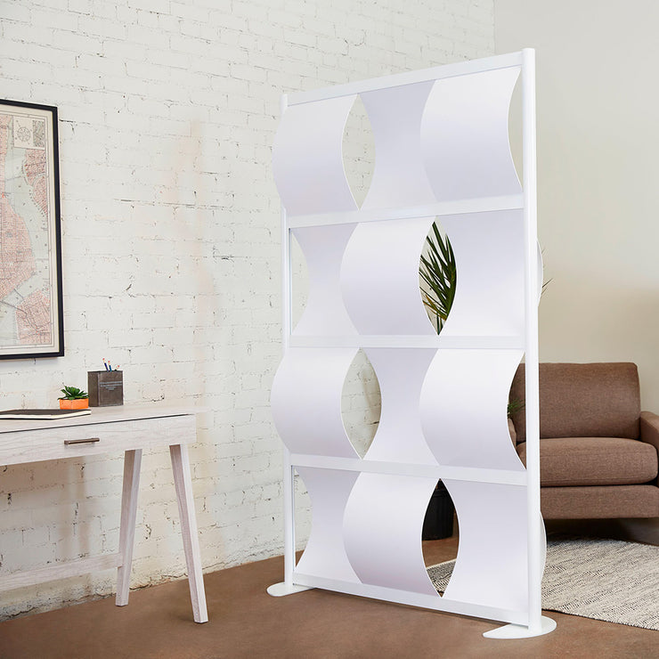 modern room divider in home office against white brick and couch chair and plant in home or office