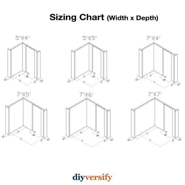 chart showing the CAD drawings and different sizes of various modular L-shaped wall kits